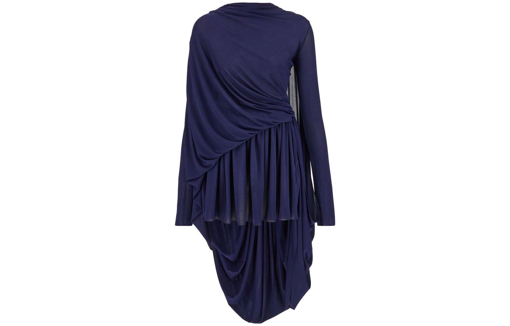 FERRAGAMO FW23 Asymmetric Draped Long-Sleeve Dress in Midnight Blue 767409