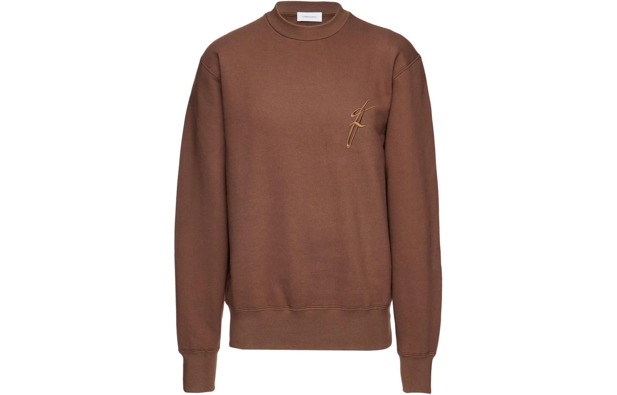 FERRAGAMO FW23 Embroidered Brown Crewneck Long-Sleeve Sweatshirt for Men 770377