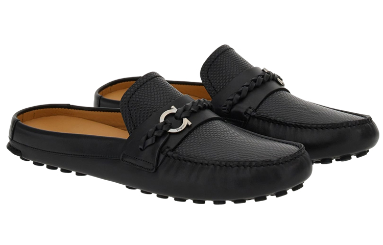 FERRAGAMO Gancini 'Black Leather Flat Men's Slide' 圖 2