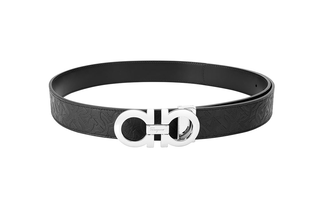 Ferragamo Gancini Embossed Calfskin Belt Black 3.5cm 675542-0724127