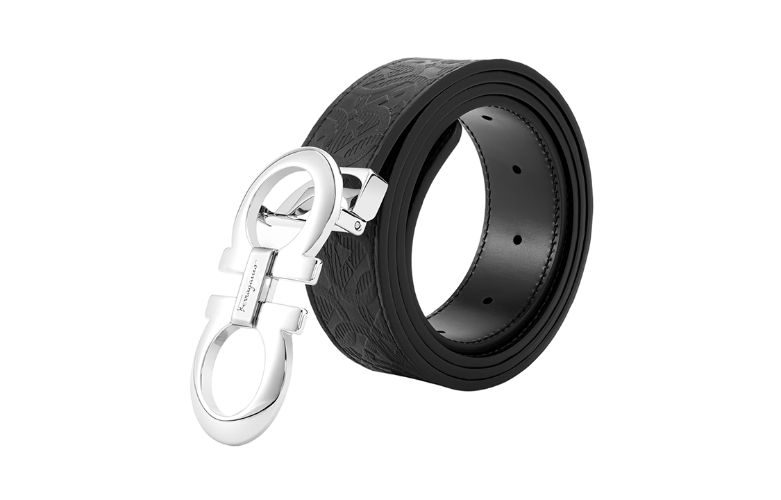 Ferragamo Gancini Embossed Calfskin Belt Black 3.5cm 675542-0724127 圖 4