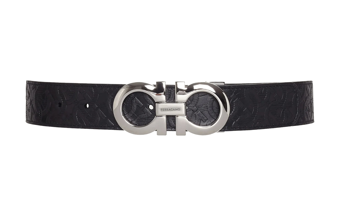 Ferragamo Gancini Embossed Calfskin Belt Black 3.5cm 675542-0724127 圖 5