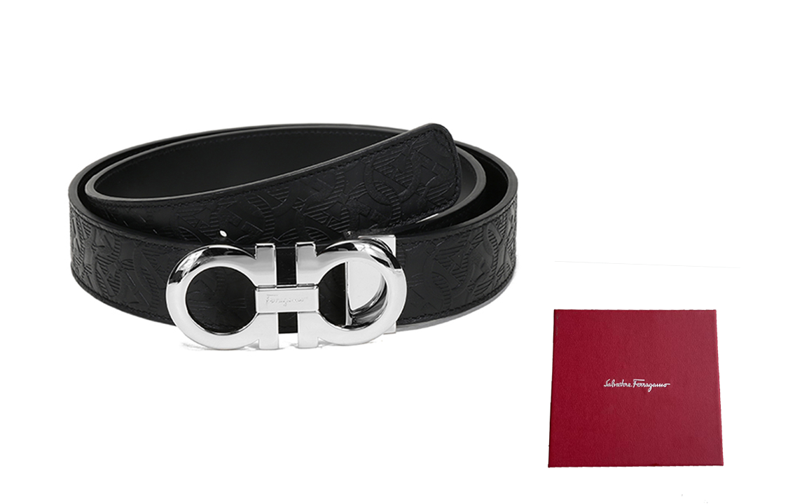 Ferragamo Gancini Embossed Calfskin Belt Black 3.5cm 675542-0724127 圖 6