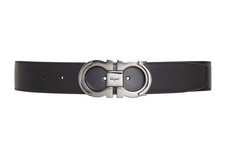 Ferragamo Gancini Leather Belt, Black, Silver Buckle, 3.5cm Adjustable 67A282-0742648