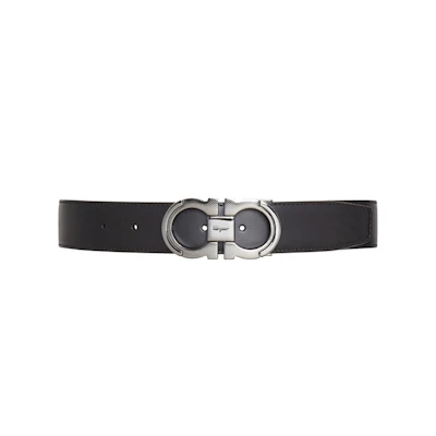 Ferragamo Gancini Leather Belt, Black, Silver Buckle, 3.5cm Adjustable 67A282-0742648