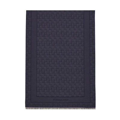 FERRAGAMO Gancini Navy Blue Wool Silk Cotton Shawl. 776150