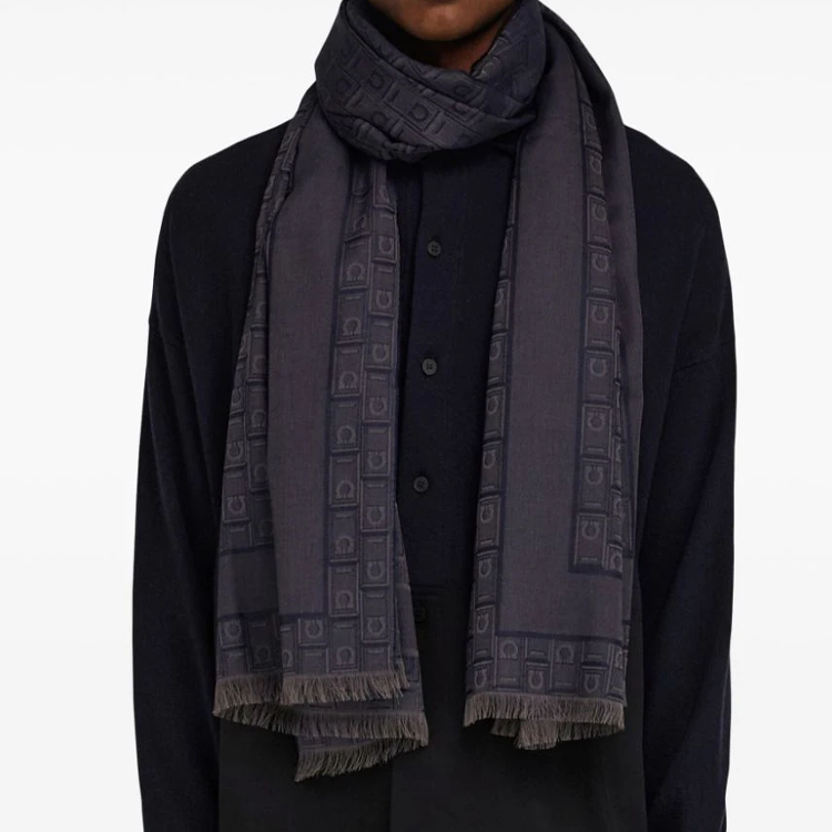 Shop FERRAGAMO Gancini Navy Blue Wool Silk Cotton  Shawl. 776150