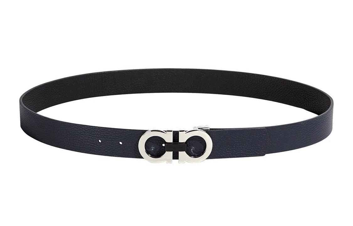 FERRAGAMO Gancini Reversible Adjustable Leather Belt Black/Ocean Blue 3.5cm 678783-723887