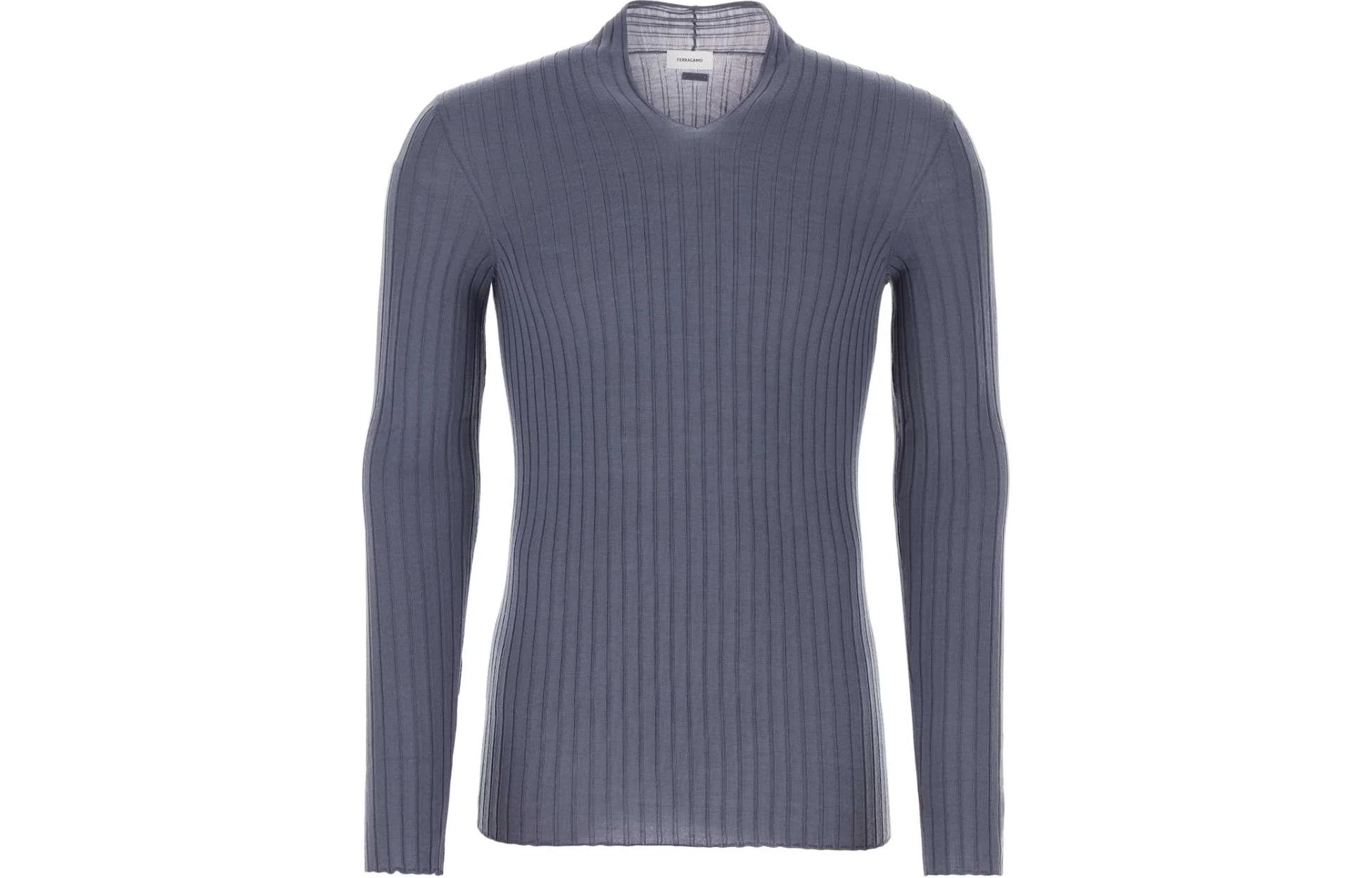 Ferragamo Grey Solid V-Neck Knit Sweater Long Sleeve 122208-Clothing