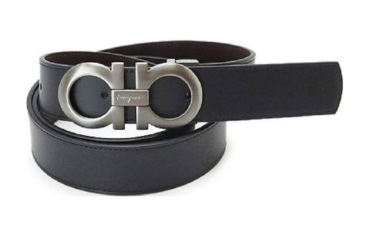 FERRAGAMO Logo Decor Smooth Buckle Calfskin Leather Belt Black Men’s Accessory 675542046423