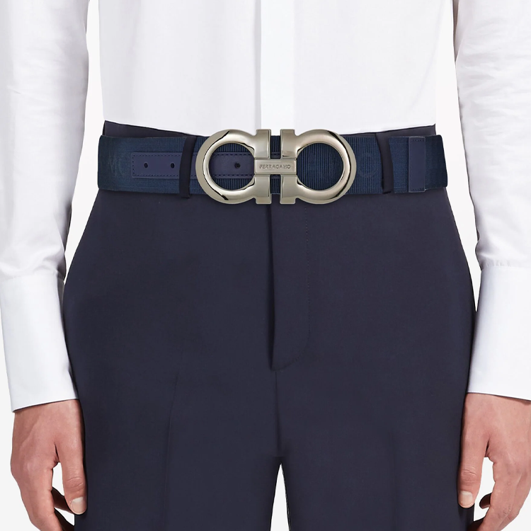 Lookbook 菲拉格慕男士蓝色织物皮革腰带带LOGO设计。 6702860770724