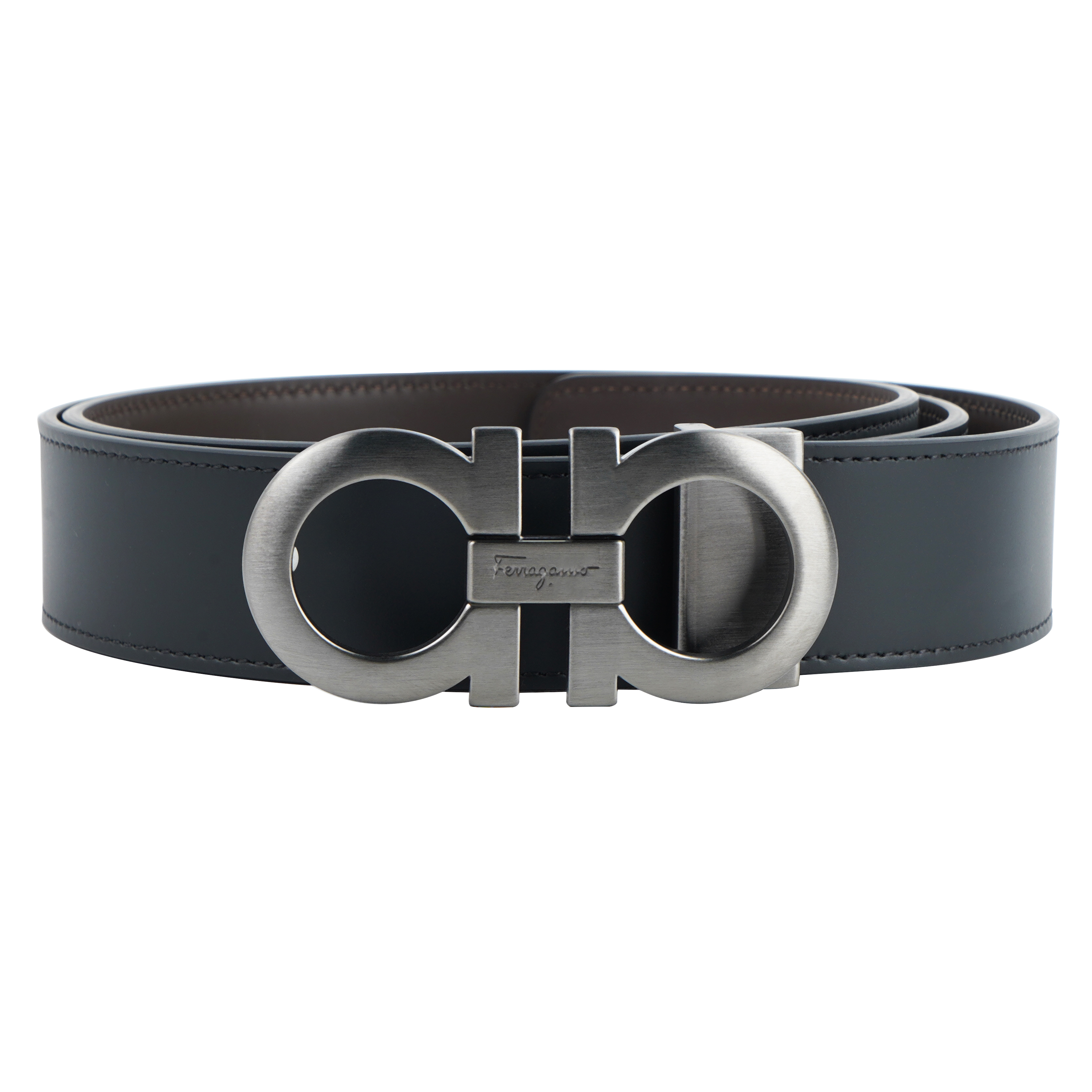 Ferragamo Matte Leather Belt, Dual Panel Buckle, Black, 3.5cm Wide 675542-0464231