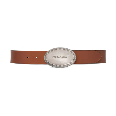 Ferragamo Oval Logo Buckle Brown Leather Belt for Men. 765398