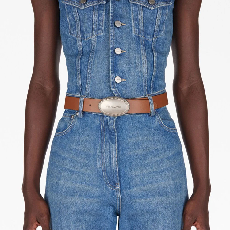 Shop Ferragamo 男士棕色皮带椭圆标志扣腰带. 765398