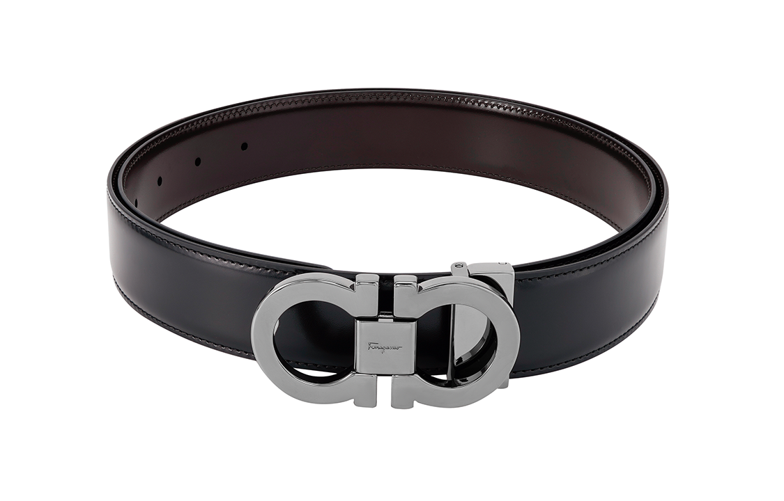 FERRAGAMO Reversible Leather Belt Black/Brown 3.5CM Silver Buckle. 644557-679535