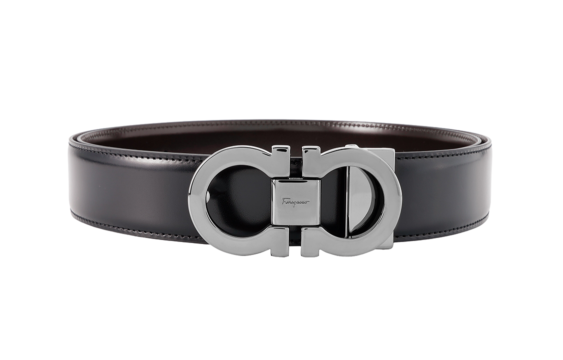 Lookbook FERRAGAMO Cinturón Reversible de Cuero Negro/Marrón 3.5CM Hebilla Plateada. 644557-679535