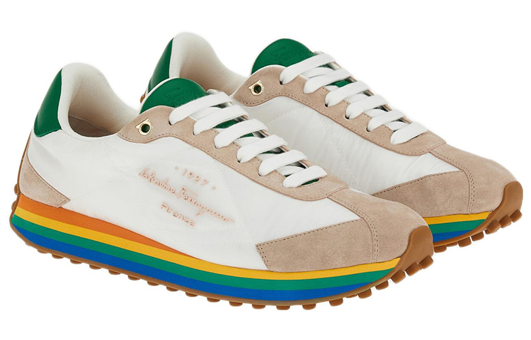 FERRAGAMO Salvatore Leather Nylon Low Top 'White Pink Green' 圖 2