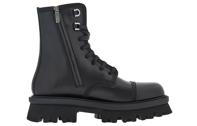 FERRAGAMO Salvatore Leather Round-Toe Lace-Up Mid-Cut Boots 'Black' 圖 2