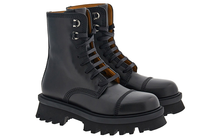 FERRAGAMO Salvatore Leather Round-Toe Lace-Up Mid-Cut Boots 'Black' 圖 3