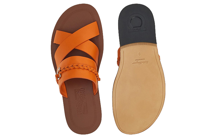 Purchase FERRAGAMO Salvatore Leren Gevlochten Peep-Toe Platte Sandalen ''Oranje'' 021099-758299