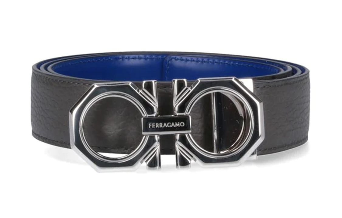 FERRAGAMO Smooth Buckle Leather Belt for Men - Gray/Blue. 764853003 圖 2