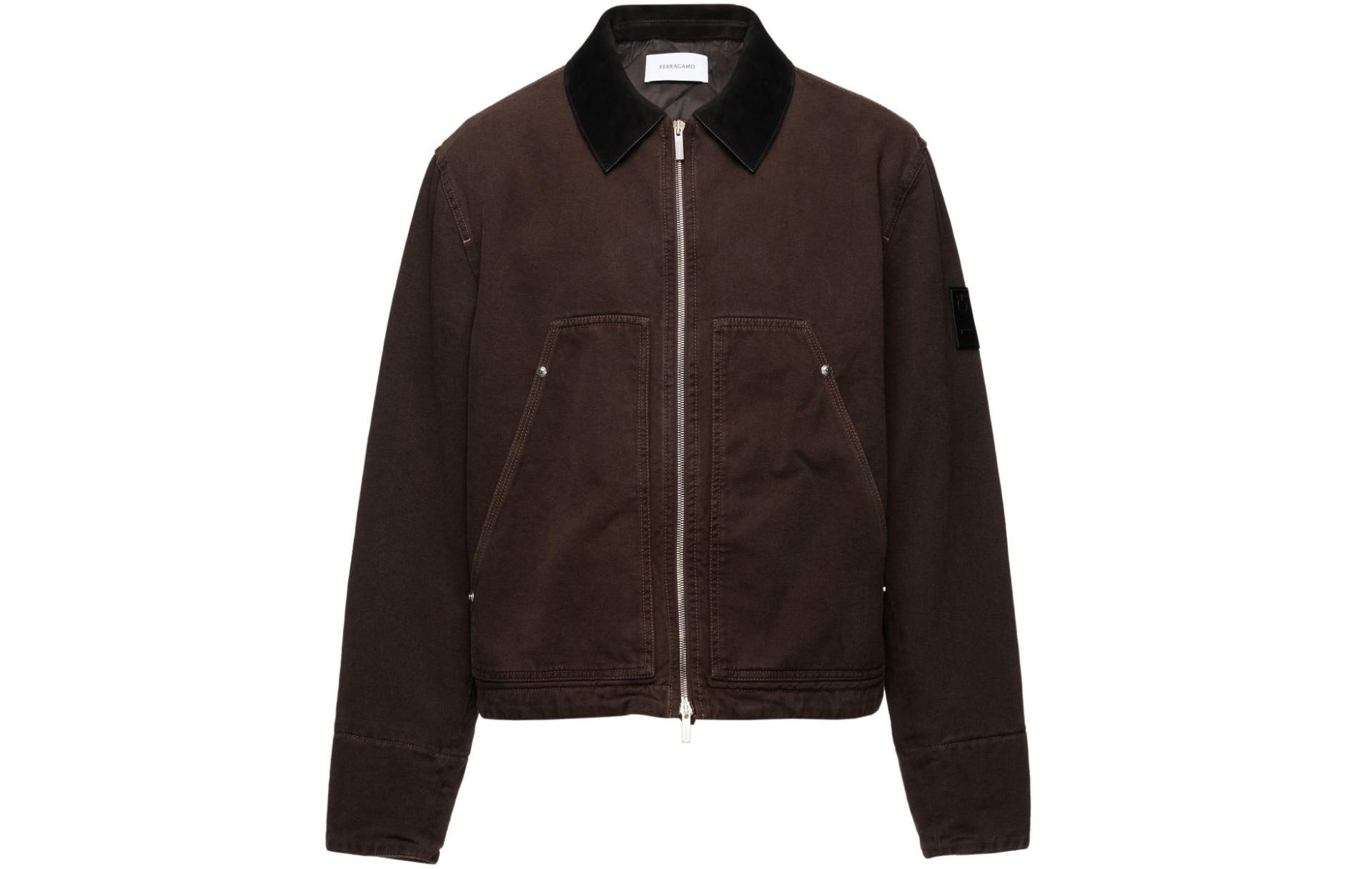 FERRAGAMO Solid Logo Patch Casual Long Sleeve Jacket - Dark Brown 771229