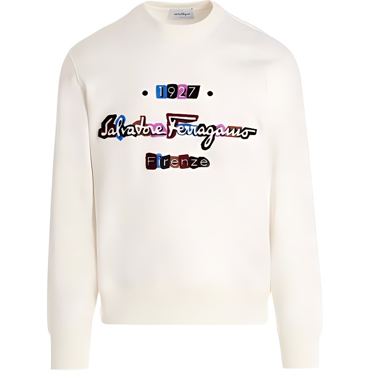 FERRAGAMO SS23 Crewneck Letter Long-Sleeve Sweatshirt Off-White 758960