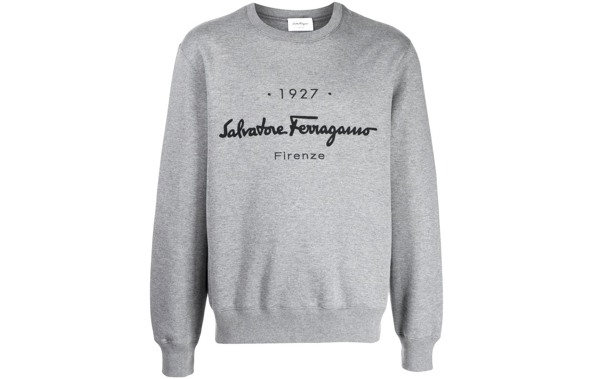 FERRAGAMO SS23 Grey Pullover Sweatshirt with Logo Embroidery 734855