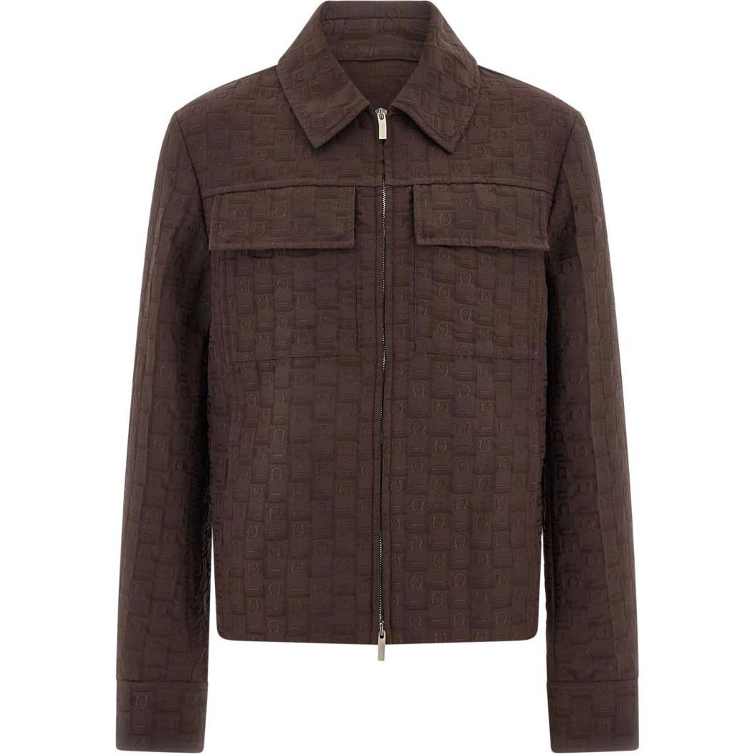 FERRAGAMO SS24 Brown Embossed Logo Zip-Up Jacket for Men 777816