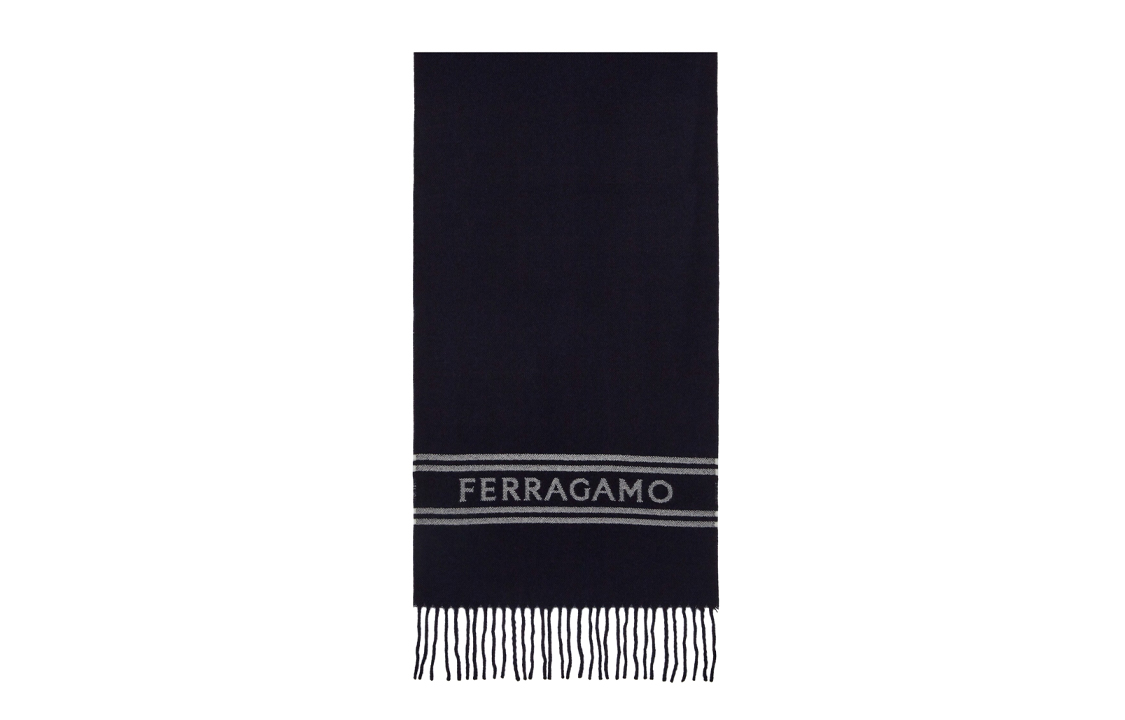 FERRAGAMO Tassel Decor Wool Scarf Navy Blue for Men. 520106770208