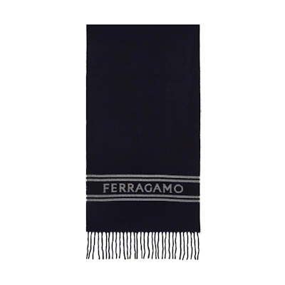 FERRAGAMO Tassel Decor Wool Scarf Navy Blue for Men. 520106770208