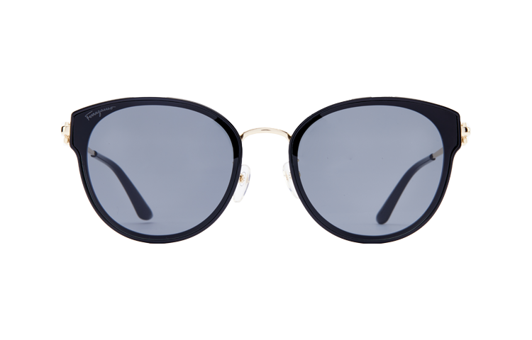 Shop FERRAGAMO 男女同款防紫外线金属不规则太阳镜 黑色/棕色 SF255SK