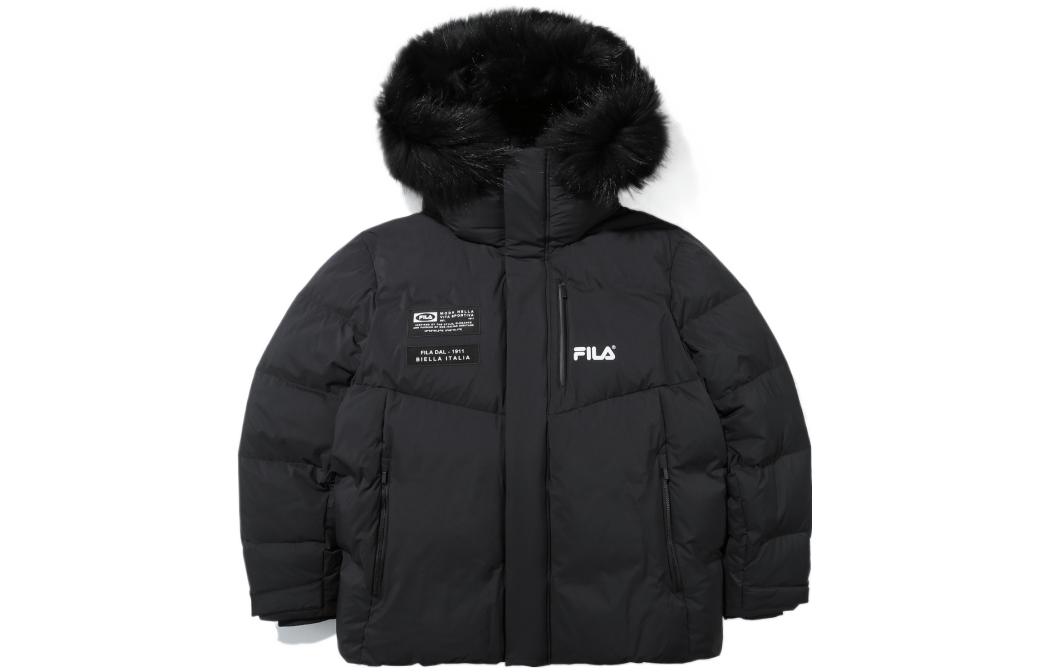 FILA  Black Hooded Down Jacket with Logo Letter Print and Patch Design. FS2DJD4201M-BLK