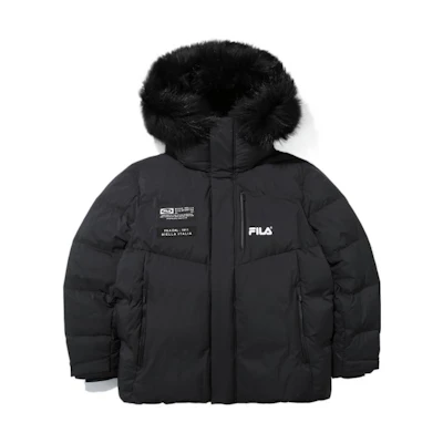 FILA Black Hooded Down Jacket with Logo Letter Print and Patch Design. FS2DJD4201M-BLK