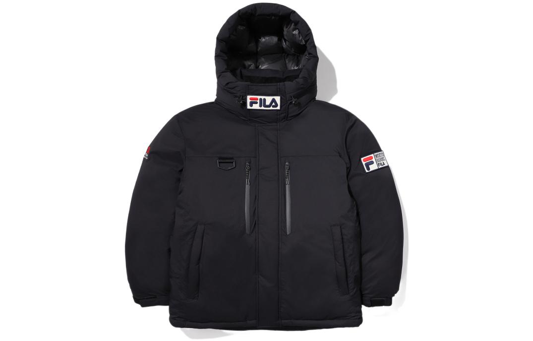 FILA  Black Hooded Down Jacket with Solid Color Logo Embroidery. FS2DJE4122X-BLK