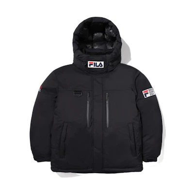 FILA Black Hooded Down Jacket with Solid Color Logo Embroidery. FS2DJE4122X-BLK
