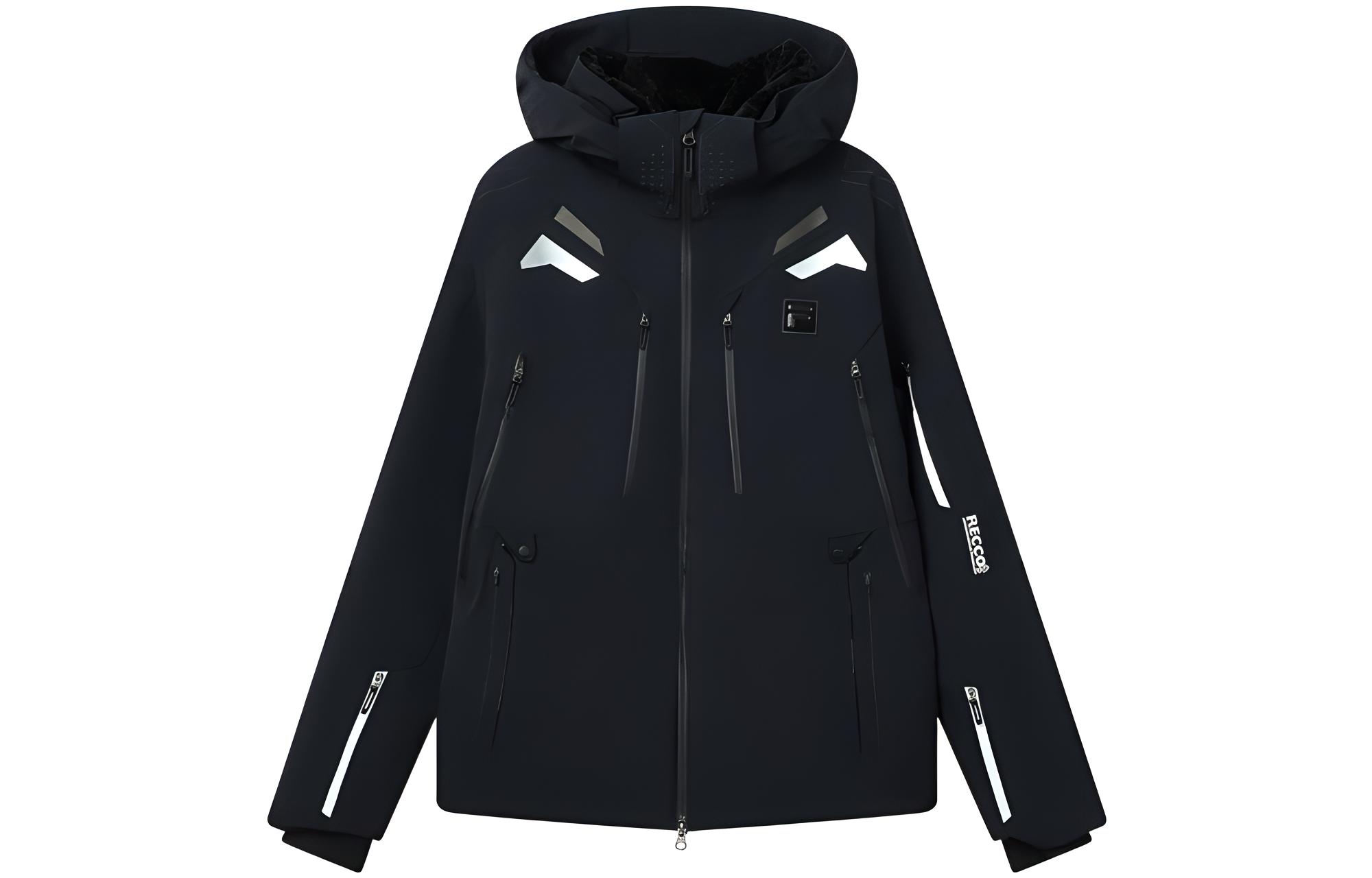 FILA  Black Hooded Ski Jacket with Zipper and Spliced Design. A11M146911F-BK