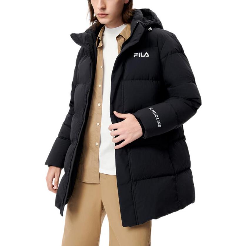Shop FILA  Black Long Down Jacket with Logo and Hood. F51M249904F-BK