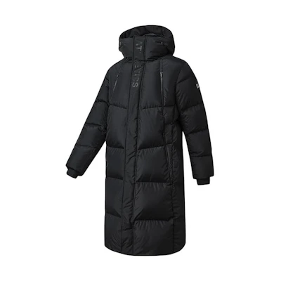 FILA Black Long Down Jacket with Logo and Zipper Design. A11M242903F-BK