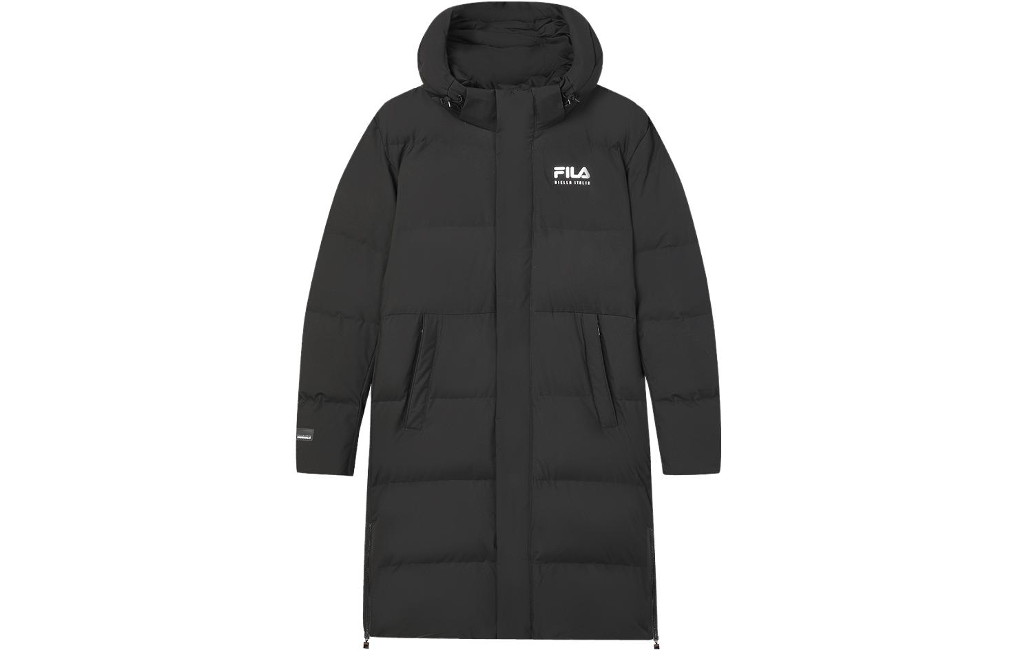 FILA  Black Long Hooded Down Jacket with Logo Print for Winter. F11M349907R-BK