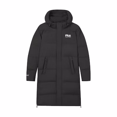 FILA Black Long Hooded Down Jacket with Logo Print for Winter. F11M349907R-BK