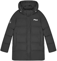 FILA Black Mid-Length Hooded Down Jacket with Logo Print. F51M349904A-BK FILA Black Mid-Length Hooded Down Jacket with Logo Print. F51M349904A-BK