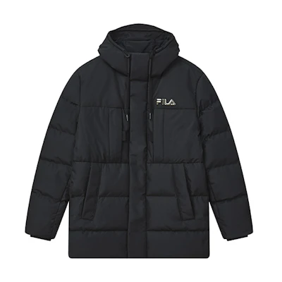 FILA Black Quilted Long Hooded Down Jacket for Casual Warmth. F11M248903F-BK