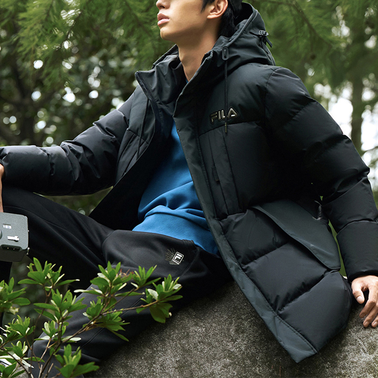 FILA  Black Quilted Long Hooded Down Jacket for Casual Warmth. F11M248903F-BK 圖 5