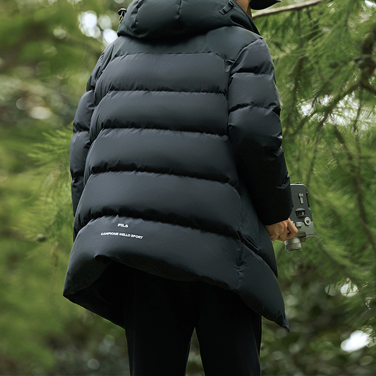 FILA  Black Quilted Long Hooded Down Jacket for Casual Warmth. F11M248903F-BK 圖 6