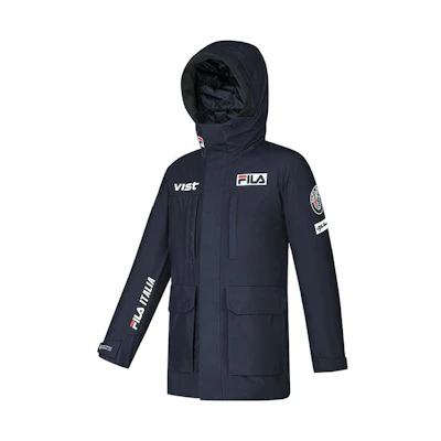 FILA Blue Hooded Windproof Down Jacket with Letter Zipper Design. A11M346905F-NV