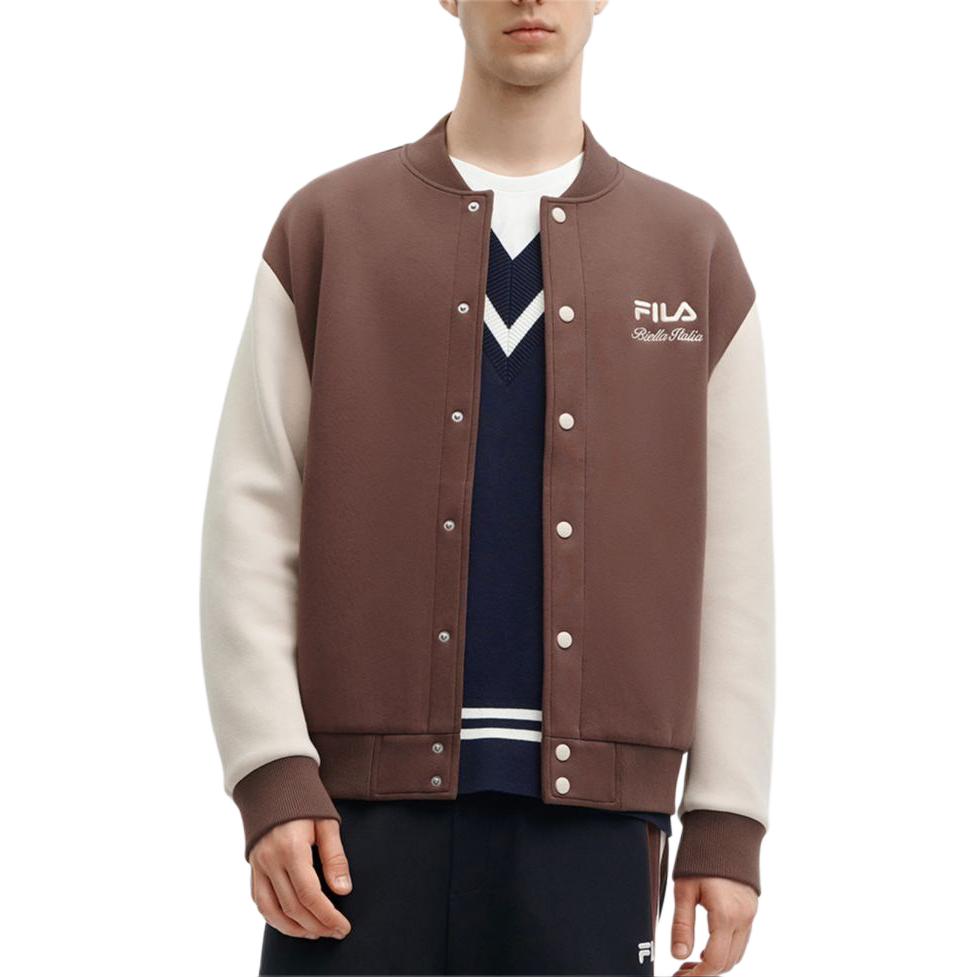 Shop FILA 拼色休闲针织棒球夹克 酸奶棕色. F11M419501F-BN