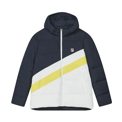 FILA Colorblock Hooded Down Jacket - Legend Blue, Casual & Warm. F11M349913F-NV
