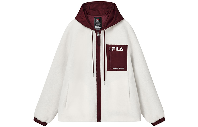 FILA  Colorblock Sherpa Fleece Hoodie Jacket in Cloud Mushroom White. F11M249913F-WT