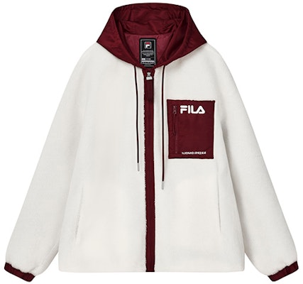 FILA 拼色羊羔絨外套連帽上衣 雲霧白 蘑菇色款式 F11M249913F-WT Order FILA 拼色羊羔絨外套連帽上衣 雲霧白 蘑菇色款式 F11M249913F-WT